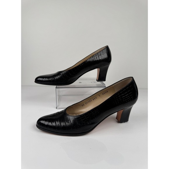 Salvatore Ferragamo Black Leather Block Crocodile Heels Women's 7 AAAA Vintage - Picture 3 of 9